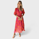 Katty - Midi gėlėtas suknelė su pūstomis rankovėmis ir V formos iškirpte